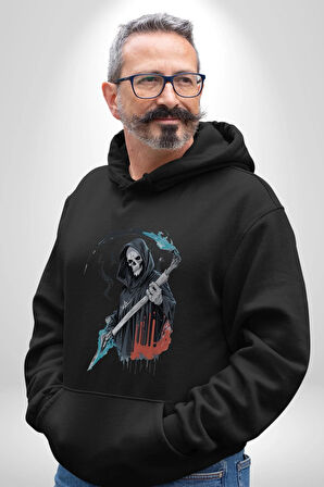 Azrail Ölüm Tanrısı İskelet Kadın Erkek  Siyah Kapüşonlu Sweatshirt Hoodie
