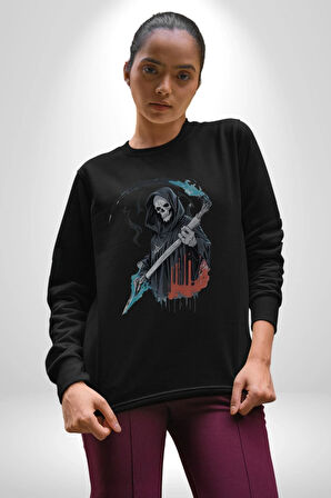 Azrail Ölüm Tanrısı İskelet Kadın Erkek  Siyah Baskılı Sweatshirt 