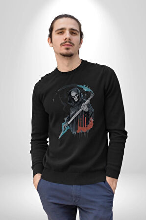 Azrail Ölüm Tanrısı İskelet Kadın Erkek  Siyah Baskılı Sweatshirt 