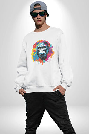 Renkli Maymun Goril Kadın Erkek  Beyaz Baskılı Sweatshirt 