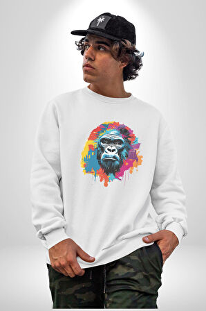 Renkli Maymun Goril Kadın Erkek  Beyaz Baskılı Sweatshirt 
