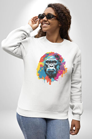 Renkli Maymun Goril Kadın Erkek  Beyaz Baskılı Sweatshirt 