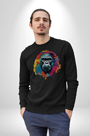 Renkli Maymun Goril Kadın Erkek  Siyah Baskılı Sweatshirt 