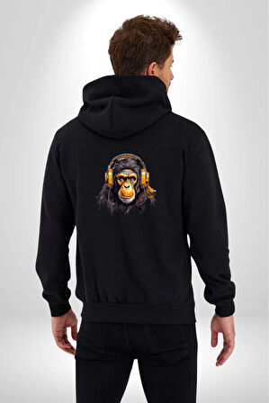 Maymun Altın Kulaklık Müzik  Kadın Erkek Siyah Renk Kapüşonlu Kanguru Cepli  Fermuarlı Pamuklu Oversize Dijital Baskılı Hırka Sweatshirt