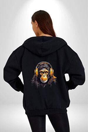 Maymun Altın Kulaklık Müzik  Kadın Erkek Siyah Renk Kapüşonlu Kanguru Cepli  Fermuarlı Pamuklu Oversize Dijital Baskılı Hırka Sweatshirt