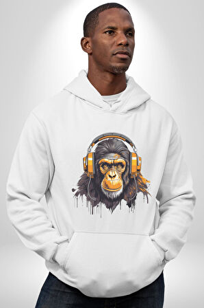 Maymun Altın Kulaklık Müzik  Kadın Erkek  Beyaz Kapüşonlu Sweatshirt Hoodie