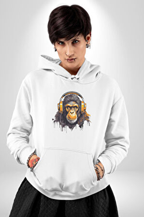 Maymun Altın Kulaklık Müzik  Kadın Erkek  Beyaz Kapüşonlu Sweatshirt Hoodie