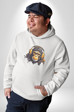 Maymun Altın Kulaklık Müzik  Kadın Erkek  Beyaz Kapüşonlu Sweatshirt Hoodie