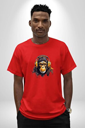 Maymun Altın Kulaklık Müzik  Pamuklu Bisiklet Yaka Kadın Erkek Oversize Boyfriend Dijital Baskılı Kırmızı T-Shirt