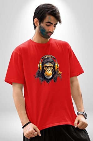 Maymun Altın Kulaklık Müzik  Pamuklu Bisiklet Yaka Kadın Erkek Oversize Boyfriend Dijital Baskılı Kırmızı T-Shirt