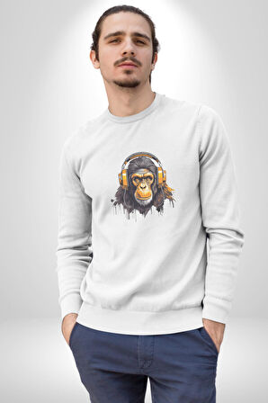 Maymun Altın Kulaklık Müzik  Kadın Erkek  Beyaz Baskılı Sweatshirt 