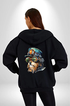 Tren Sürücüsü Gözlüklü Yorkshire  Kadın Erkek Siyah Renk Kapüşonlu Kanguru Cepli  Fermuarlı Pamuklu Oversize Dijital Baskılı Hırka Sweatshirt