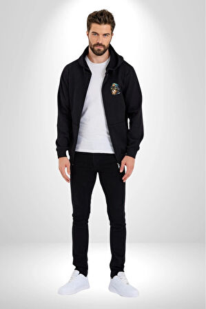 Tren Sürücüsü Gözlüklü Yorkshire  Kadın Erkek Siyah Renk Kapüşonlu Kanguru Cepli  Fermuarlı Pamuklu Oversize Dijital Baskılı Hırka Sweatshirt