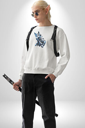 Mavi Beyaz Ateşli Kurt Kadın Erkek  Beyaz Baskılı Sweatshirt 