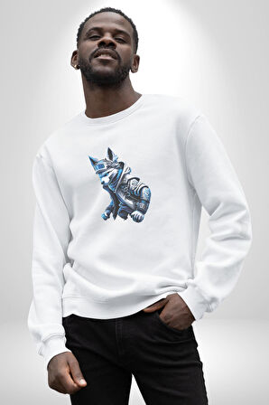 Mavi Beyaz Ateşli Kurt Kadın Erkek  Beyaz Baskılı Sweatshirt 