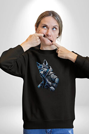 Mavi Beyaz Ateşli Kurt Kadın Erkek  Siyah Baskılı Sweatshirt 