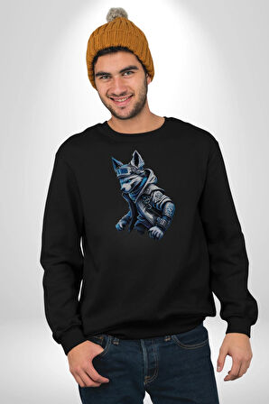 Mavi Beyaz Ateşli Kurt Kadın Erkek  Siyah Baskılı Sweatshirt 