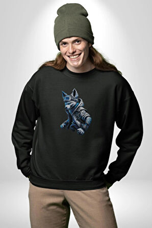 Mavi Beyaz Ateşli Kurt Kadın Erkek  Siyah Baskılı Sweatshirt 