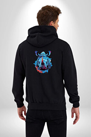 Su Aygırı Hipopotamo Renkli Kadın Erkek Siyah Renk Kapüşonlu Kanguru Cepli  Fermuarlı Pamuklu Oversize Dijital Baskılı Hırka Sweatshirt