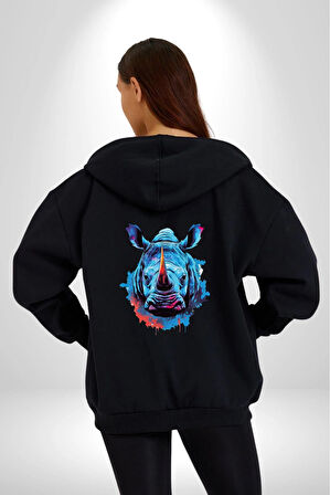 Su Aygırı Hipopotamo Renkli Kadın Erkek Siyah Renk Kapüşonlu Kanguru Cepli  Fermuarlı Pamuklu Oversize Dijital Baskılı Hırka Sweatshirt