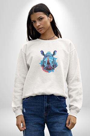 Su Aygırı Hipopotamo Renkli Kadın Erkek  Beyaz Baskılı Sweatshirt 
