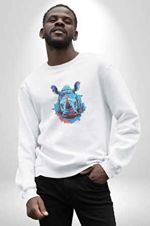 Su Aygırı Hipopotamo Renkli Kadın Erkek  Beyaz Baskılı Sweatshirt 