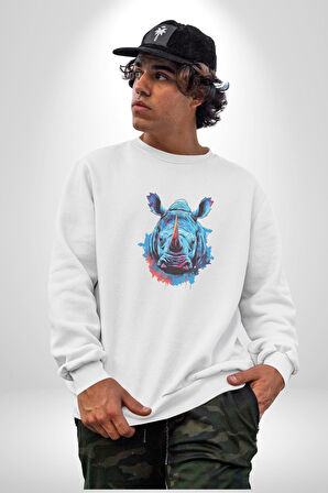 Su Aygırı Hipopotamo Renkli Kadın Erkek  Beyaz Baskılı Sweatshirt 