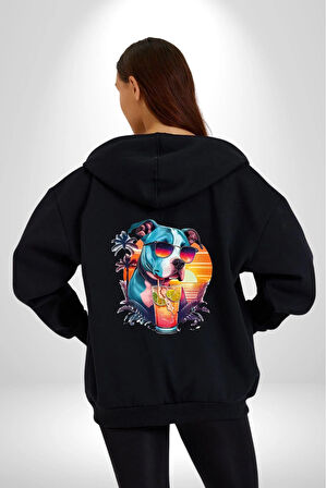 Tatil Köpek Soğuk Kokteyl İçeçek Kadın Erkek Siyah Renk Kapüşonlu Kanguru Cepli  Fermuarlı Pamuklu Oversize Dijital Baskılı Hırka Sweatshirt