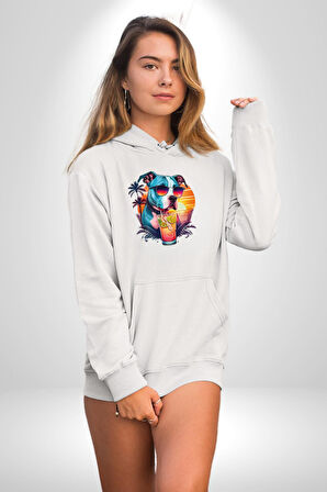 Tatil Köpek Soğuk Kokteyl İçeçek Kadın Erkek  Beyaz Kapüşonlu Sweatshirt Hoodie