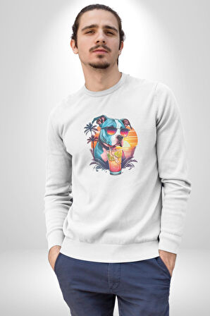 Tatil Köpek Soğuk Kokteyl İçeçek Kadın Erkek  Beyaz Baskılı Sweatshirt 
