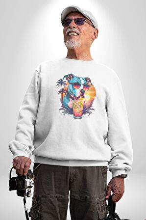 Tatil Köpek Soğuk Kokteyl İçeçek Kadın Erkek  Beyaz Baskılı Sweatshirt 