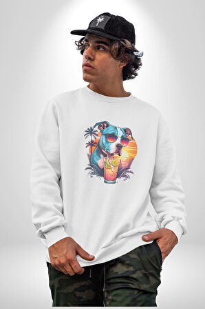 Tatil Köpek Soğuk Kokteyl İçeçek Kadın Erkek  Beyaz Baskılı Sweatshirt 