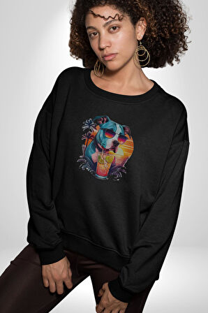 Tatil Köpek Soğuk Kokteyl İçeçek Kadın Erkek  Siyah Baskılı Sweatshirt 