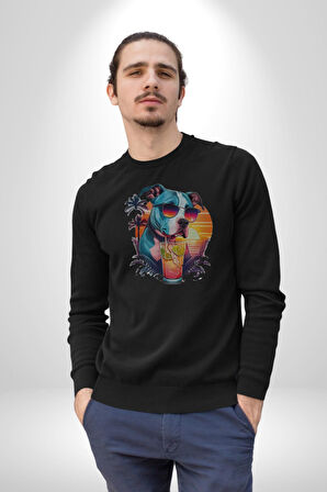 Tatil Köpek Soğuk Kokteyl İçeçek Kadın Erkek  Siyah Baskılı Sweatshirt 