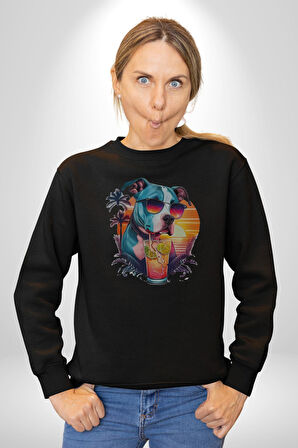 Tatil Köpek Soğuk Kokteyl İçeçek Kadın Erkek  Siyah Baskılı Sweatshirt 