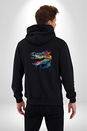 Timsah Renkli Kafası  Kadın Erkek Siyah Renk Kapüşonlu Kanguru Cepli  Fermuarlı Pamuklu Oversize Dijital Baskılı Hırka Sweatshirt