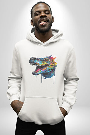 Timsah Renkli Kafası  Kadın Erkek  Beyaz Kapüşonlu Sweatshirt Hoodie