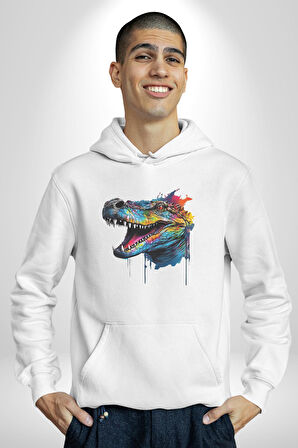 Timsah Renkli Kafası  Kadın Erkek  Beyaz Kapüşonlu Sweatshirt Hoodie