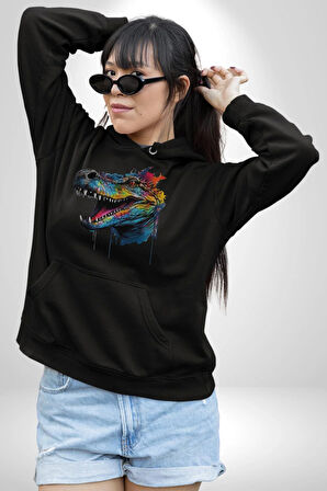 Timsah Renkli Kafası  Kadın Erkek  Siyah Kapüşonlu Sweatshirt Hoodie