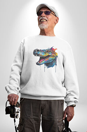 Timsah Renkli Kafası  Kadın Erkek  Beyaz Baskılı Sweatshirt 