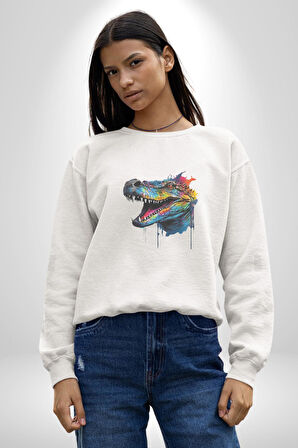 Timsah Renkli Kafası  Kadın Erkek  Beyaz Baskılı Sweatshirt 