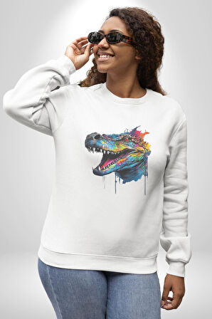 Timsah Renkli Kafası  Kadın Erkek  Beyaz Baskılı Sweatshirt 