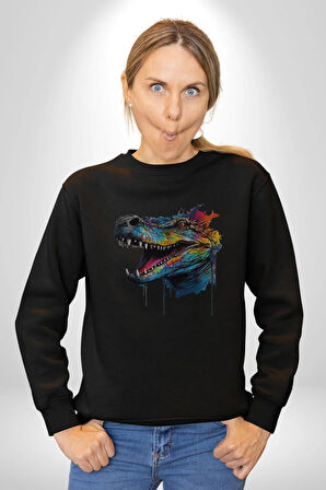 Timsah Renkli Kafası  Kadın Erkek  Siyah Baskılı Sweatshirt 