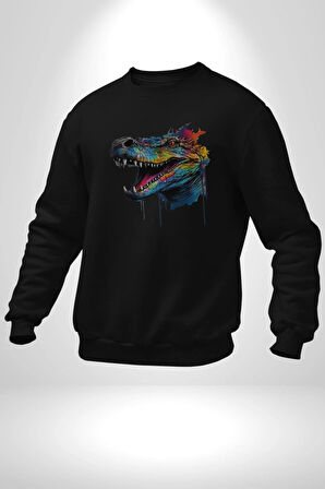 Timsah Renkli Kafası  Kadın Erkek  Siyah Baskılı Sweatshirt 