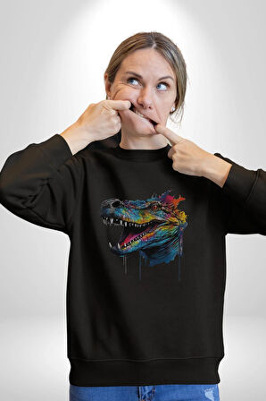 Timsah Renkli Kafası  Kadın Erkek  Siyah Baskılı Sweatshirt 
