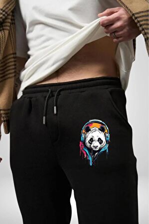 Kulaklık Ayı Panda Pamuklu 3 İplik Siyah Eşofman Altı Erkek Oversize Kesim Dijital Baskılı