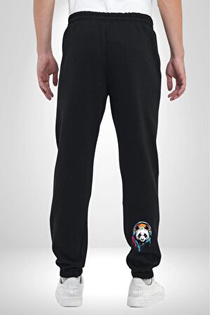Kulaklık Ayı Panda Pamuklu 3 İplik Siyah Eşofman Altı Erkek Oversize Kesim Dijital Baskılı