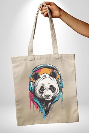 Kulaklık Ayı Panda 35X40 Kadın Erkek Çocuk Ham Bez Çanta