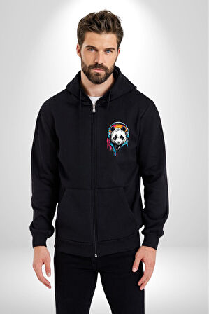 Kulaklık Ayı Panda Kadın Erkek Siyah Renk Kapüşonlu Kanguru Cepli  Fermuarlı Pamuklu Oversize Dijital Baskılı Hırka Sweatshirt