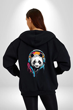 Kulaklık Ayı Panda Kadın Erkek Siyah Renk Kapüşonlu Kanguru Cepli  Fermuarlı Pamuklu Oversize Dijital Baskılı Hırka Sweatshirt
